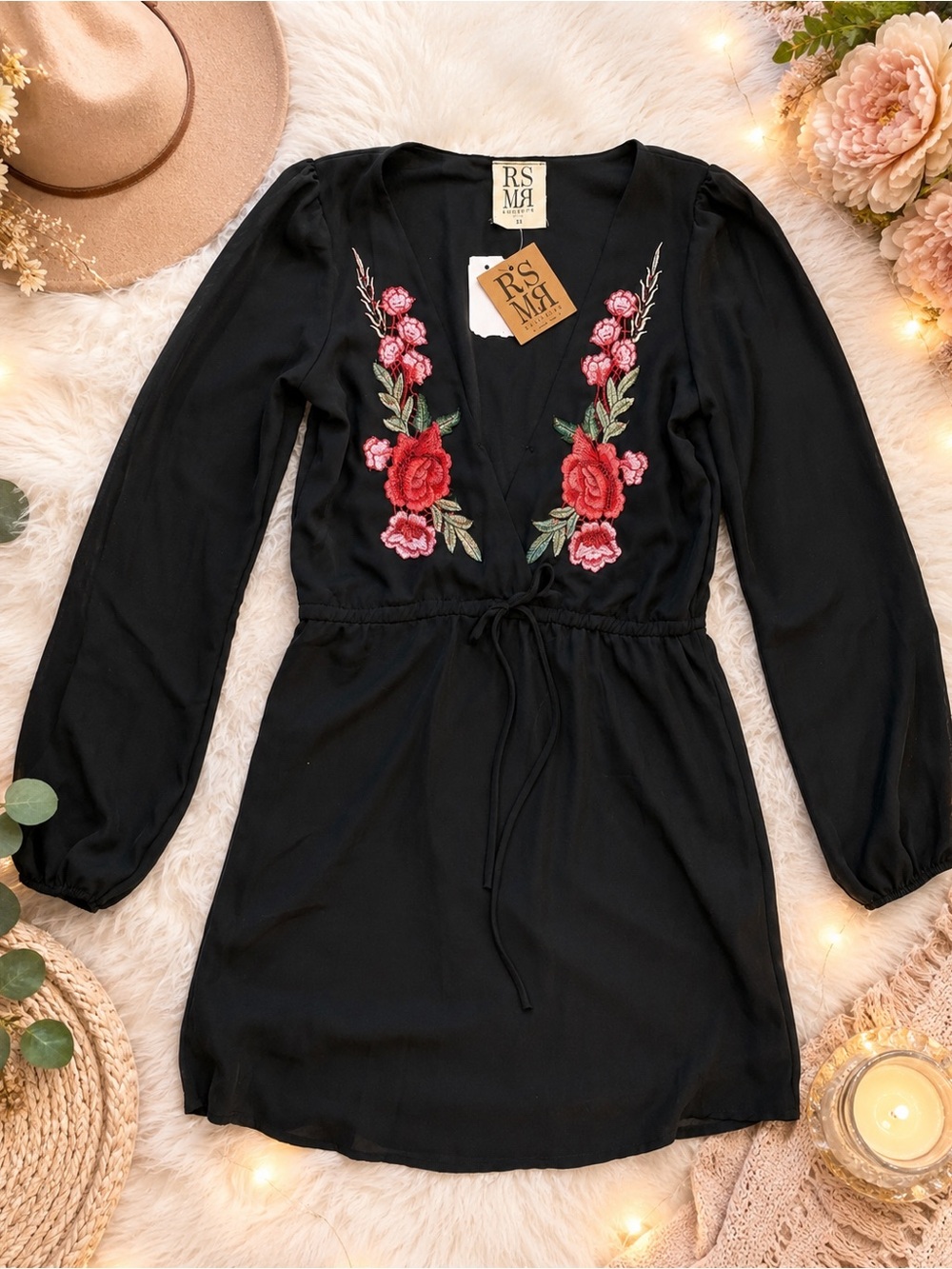 🌹 NWT RSMR Black Embroidered Floral Boho Mini Dress XS